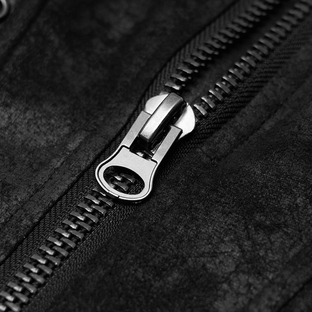 Close-up of a sturdy metal zipper on a black gothic corset belt, showcasing edgy design and quality craftsmanship.