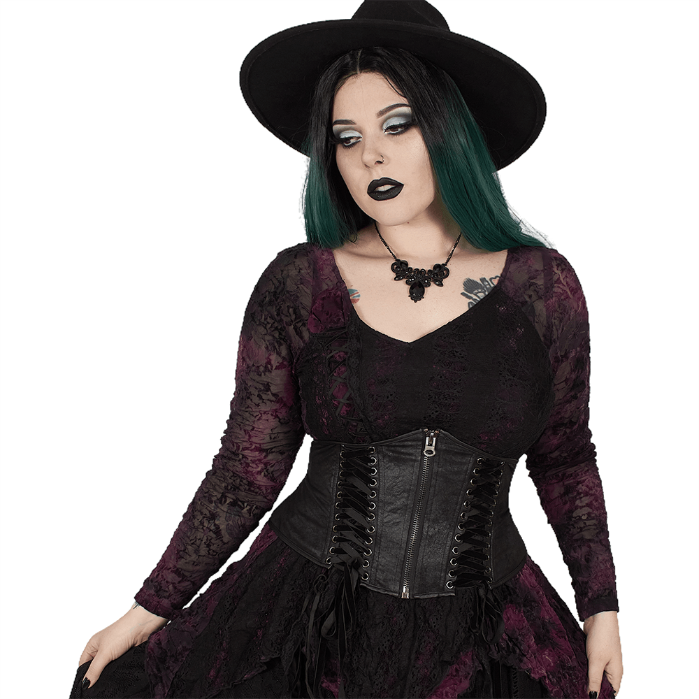 Edgy black gothic corset belt with lace-up details, worn by model in witch hat and dark attire.