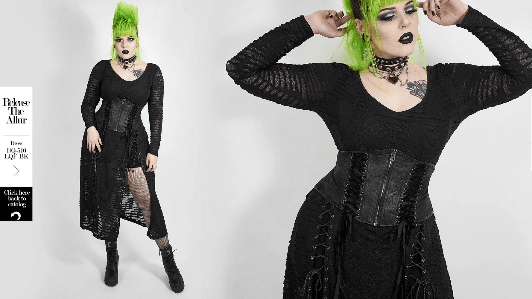 Model showcasing an edgy black gothic corset belt with lace-up details, paired with a flowing dress and bold green hair.