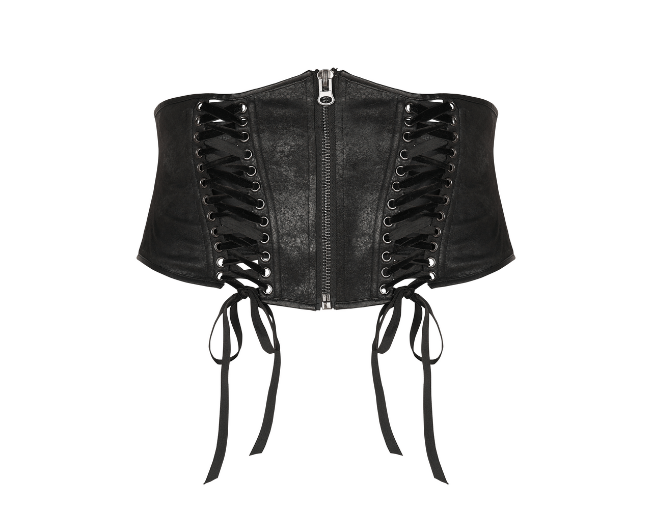Edgy black gothic corset belt with lace-up details and a sturdy metal zipper for a stylish silhouette.