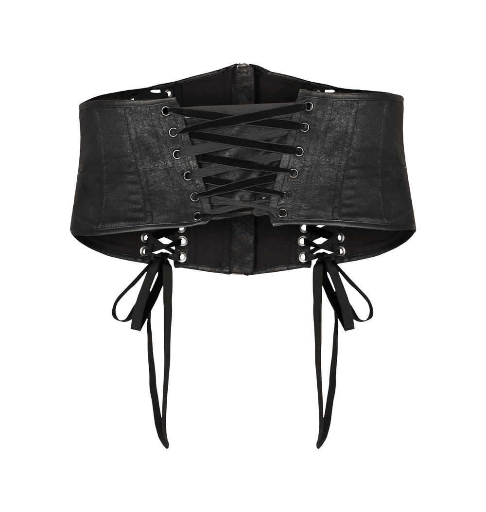 Edgy black gothic corset belt with lace-up details and adjustable ties for a custom fit.