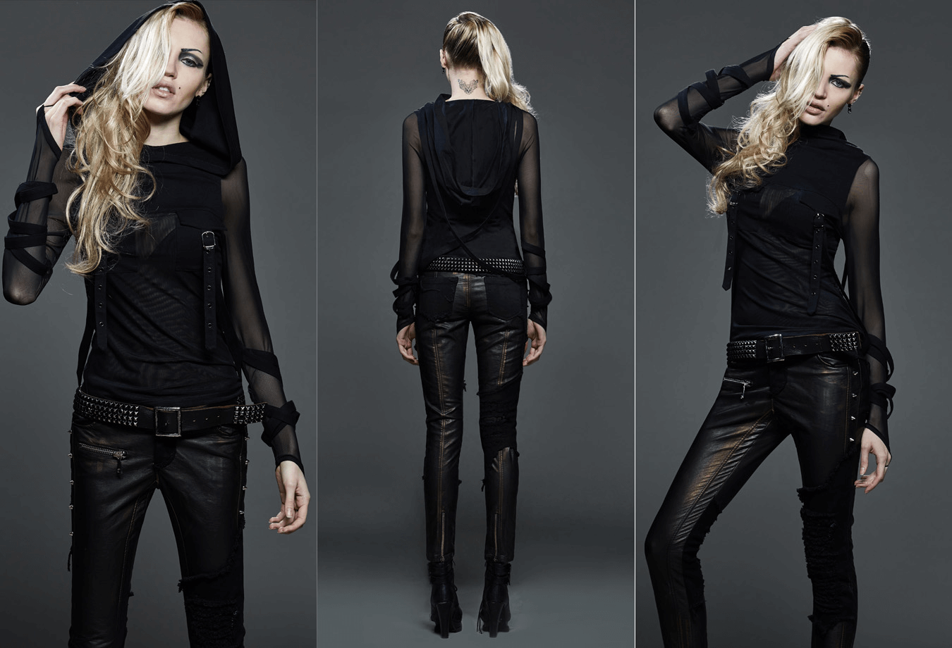 Edgy black hooded top with mesh sleeves, stylish women's fashion for a modern look.