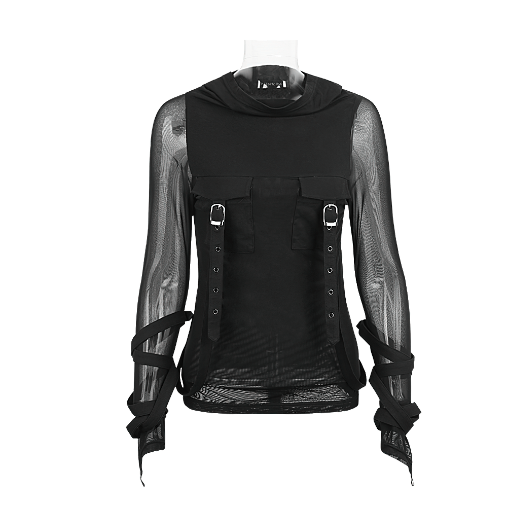 Edgy Black Hooded Top with Mesh Sleeves for Women