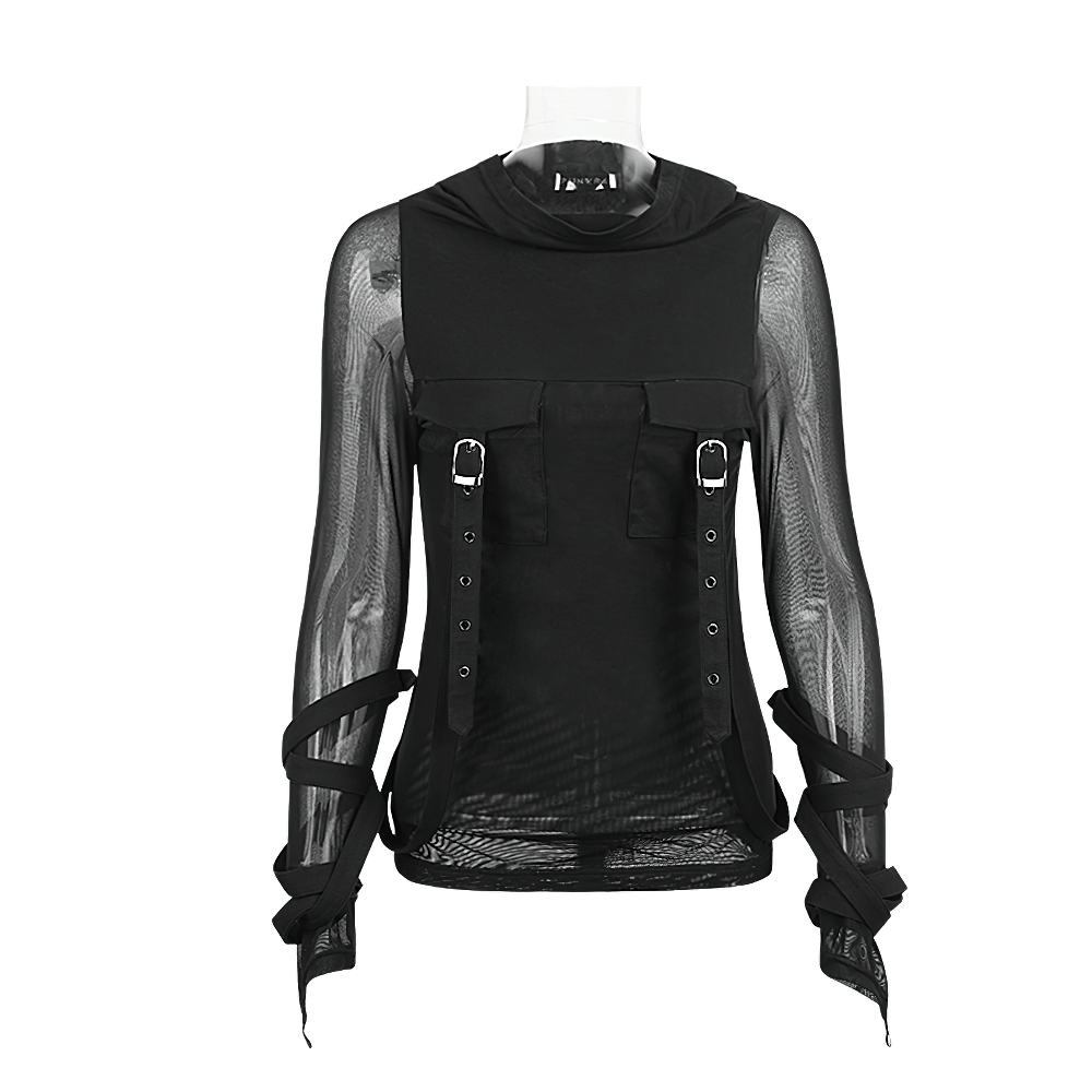Edgy black hooded top with mesh sleeves and corset detailing for women, perfect for modern fashionistas.