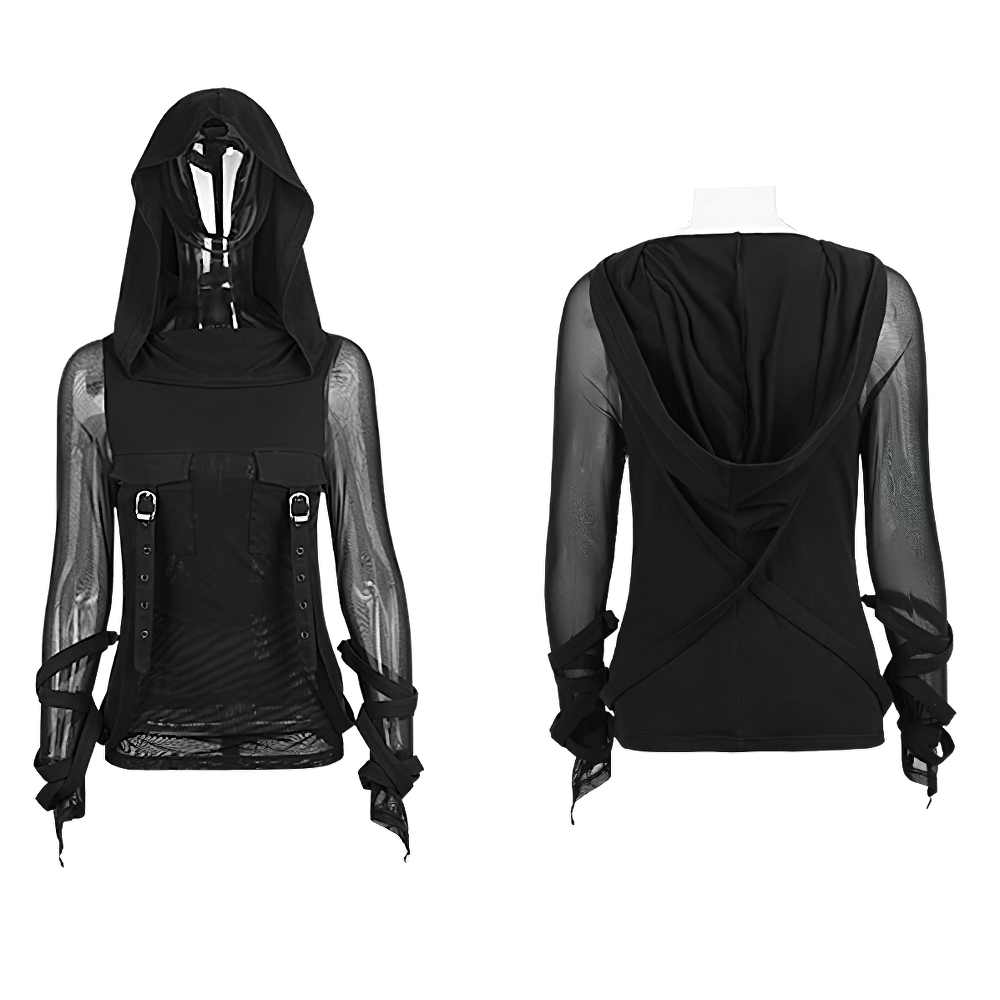 Edgy Black Hooded Top with Mesh Sleeves for Women