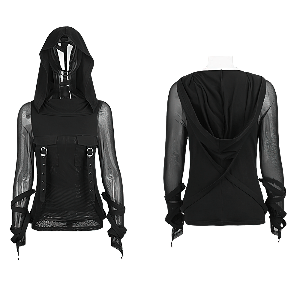 Edgy black hooded top with mesh sleeves and corset detailing for women's modern fashion.