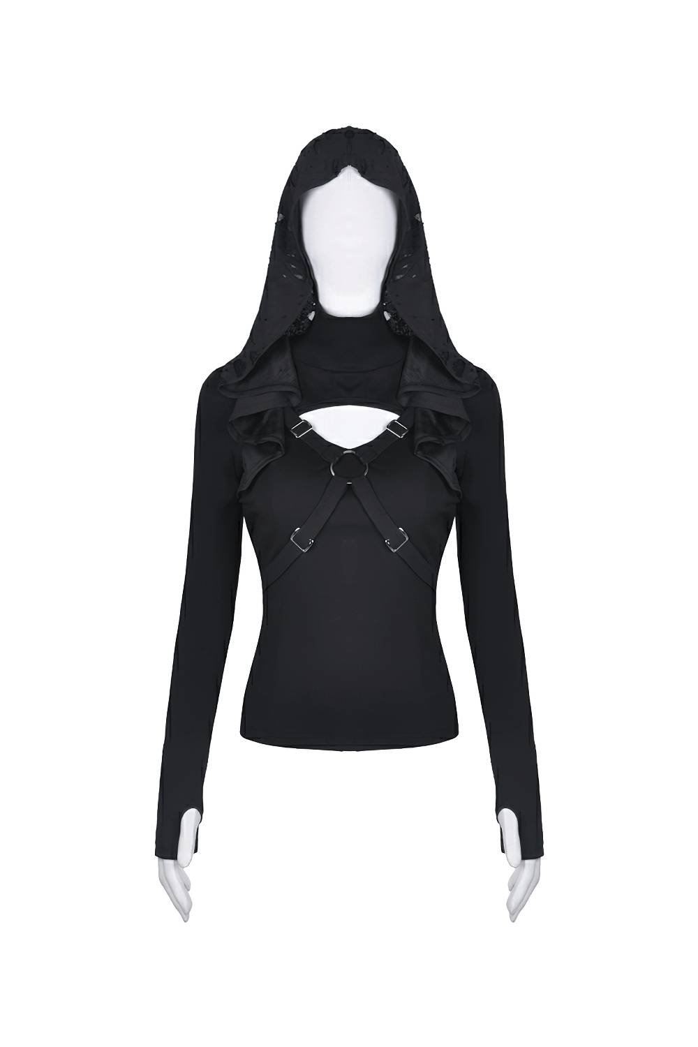 Edgy Black Hoodie with Metal Accents And Shredded Hood