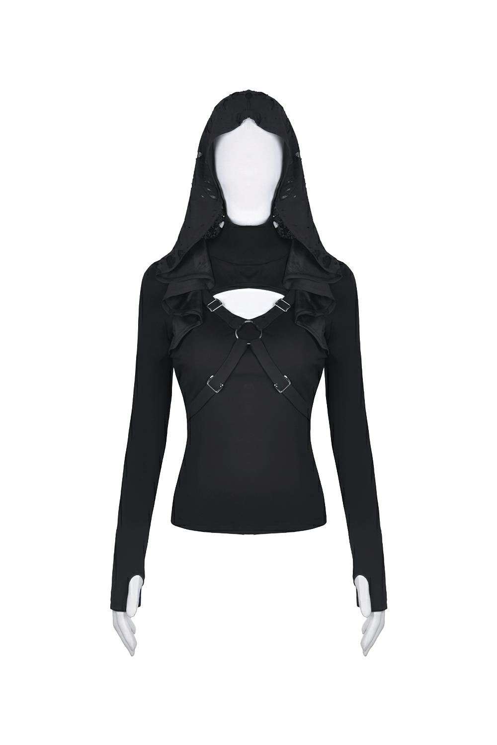 Edgy black hoodie with shredded hood and metal accents, perfect for punk-inspired gothic fashion.