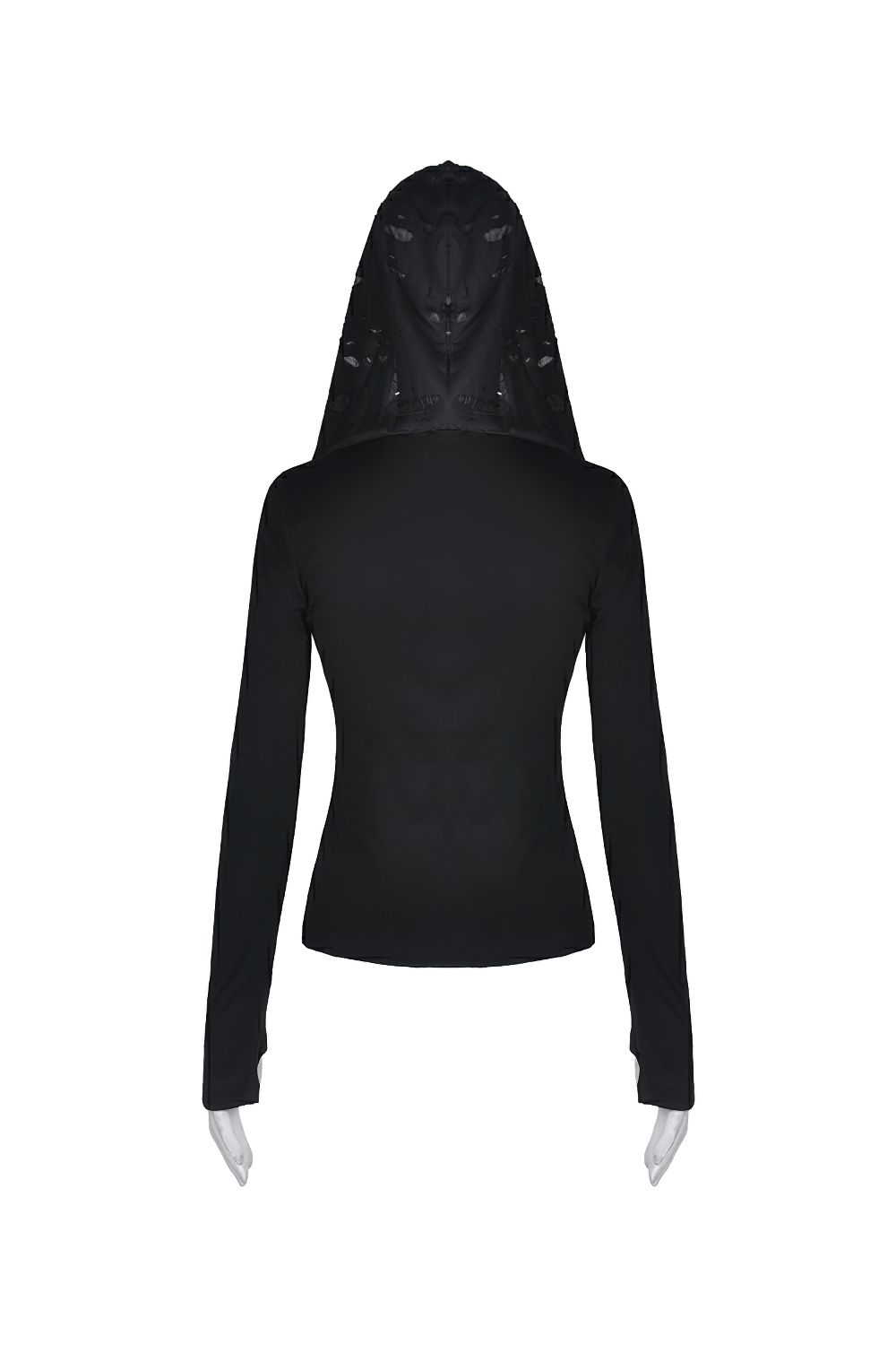 Edgy black hoodie with shredded hood and long sleeves, perfect for a punk-inspired gothic look.