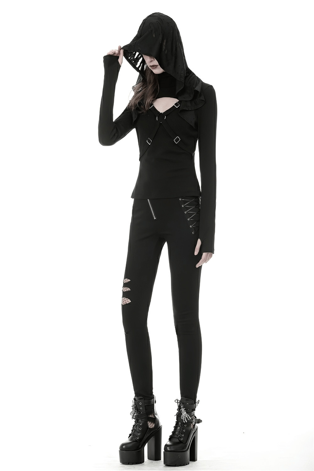 Punk-inspired black hoodie with shredded hood and metal accents, paired with black leggings and platform boots.