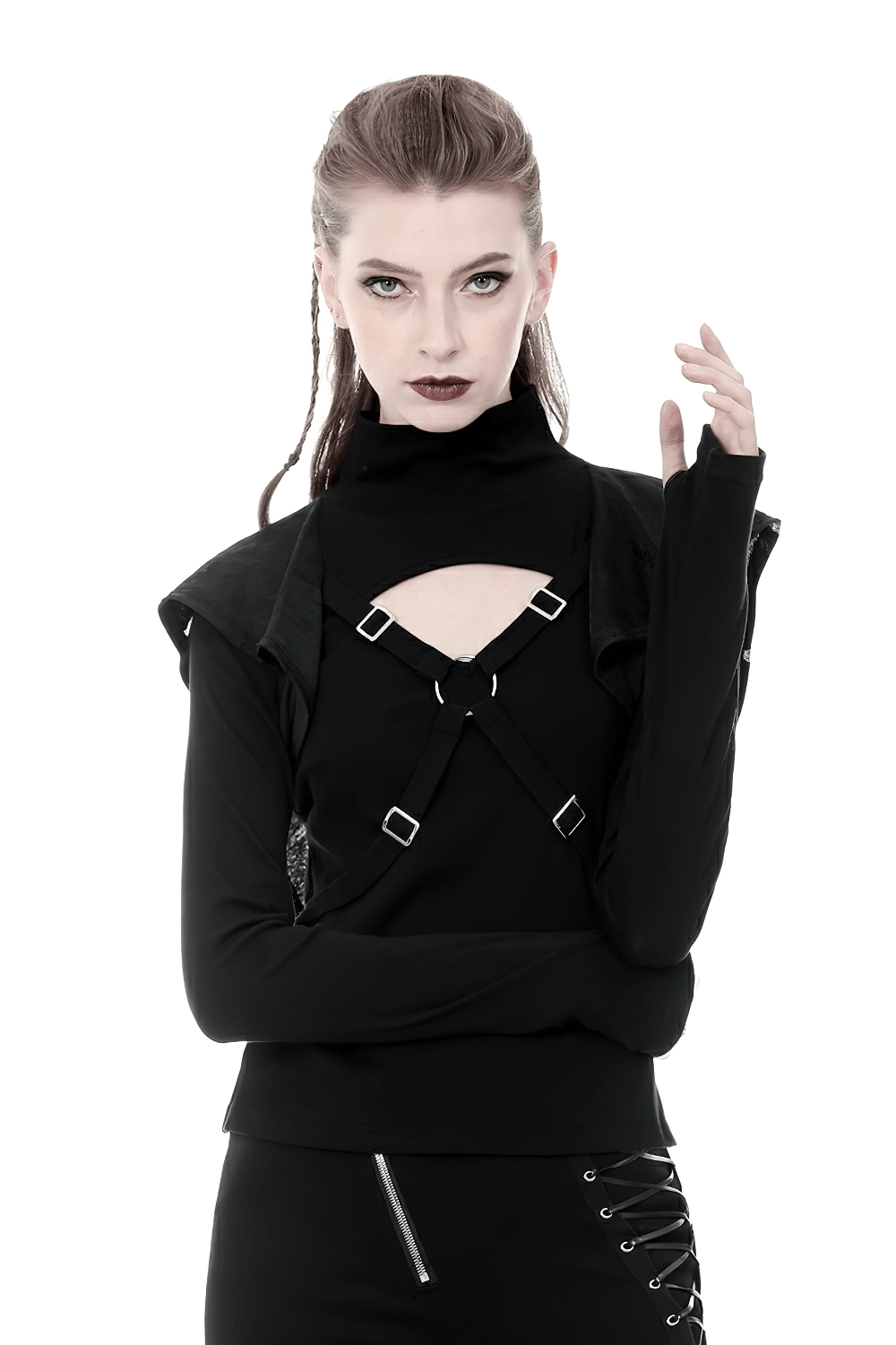 Punk-inspired black hoodie with shredded hood and metal accents, perfect for gothic and alternative fashion lovers.