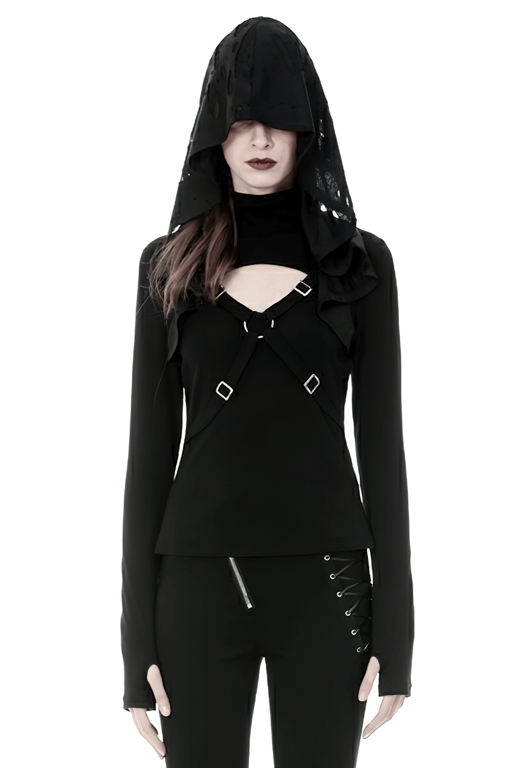 Edgy black hoodie with shredded hood and metal accents, showcasing punk-inspired gothic fashion.