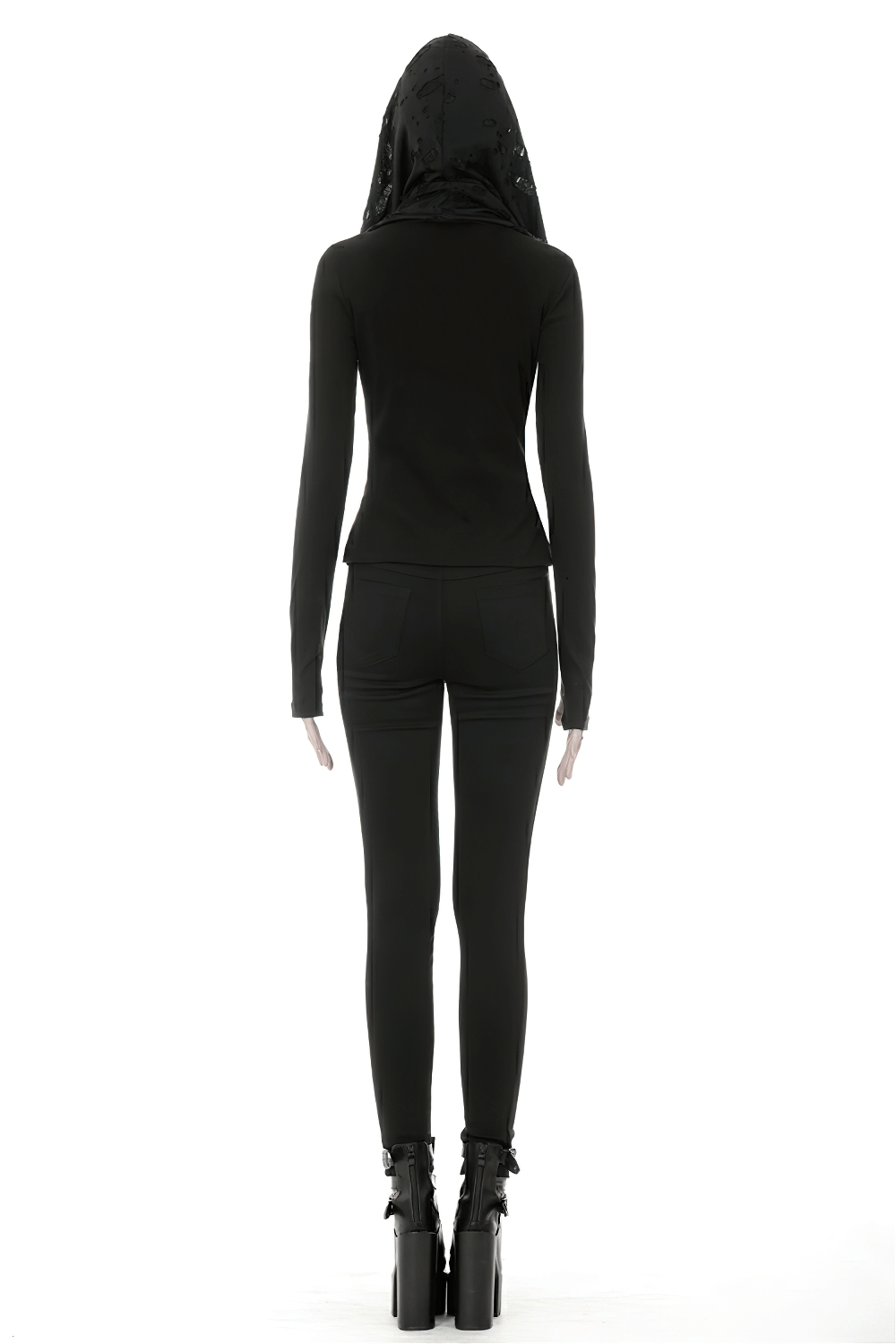 Edgy black hoodie with shredded hood and metal accents, showcasing punk-inspired gothic fashion in a stylish outfit.