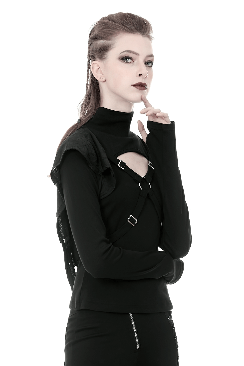 Edgy black punk hoodie with metal accents and unique cutouts, showcasing alternative fashion flair.