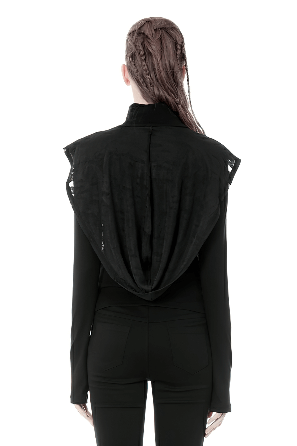 Back view of edgy black hoodie with shredded details and unique neckline, perfect for punk and alternative fashion.