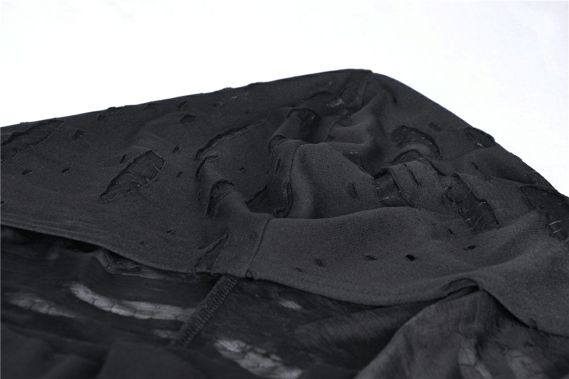 Close-up of edgy black hoodie with shredded details and dramatic hood, ideal for punk-inspired fashion.