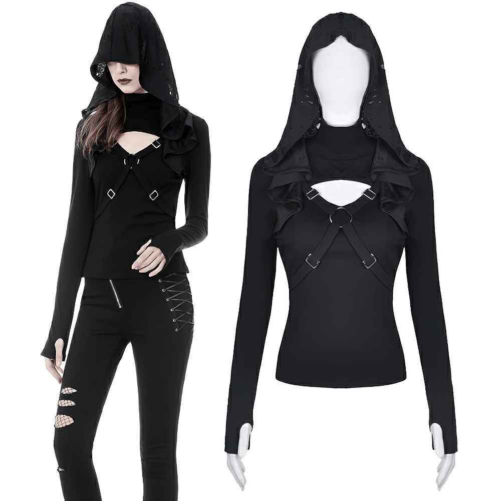 Edgy black hoodie with metal accents and shredded hood, perfect for a punk-inspired look.