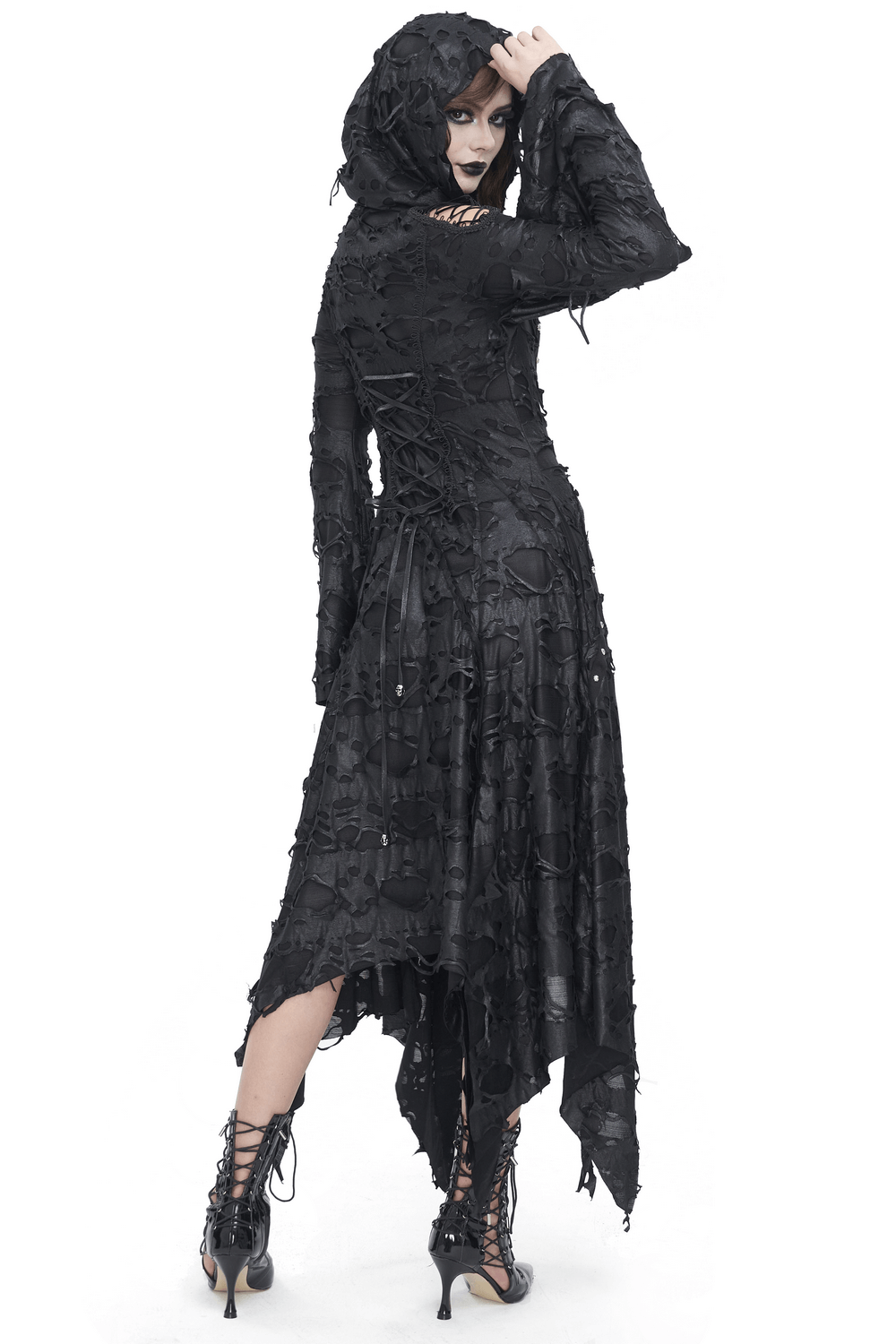 Edgy black irregular distressed hooded coat for women, showcasing goth fashion with an asymmetrical hem.