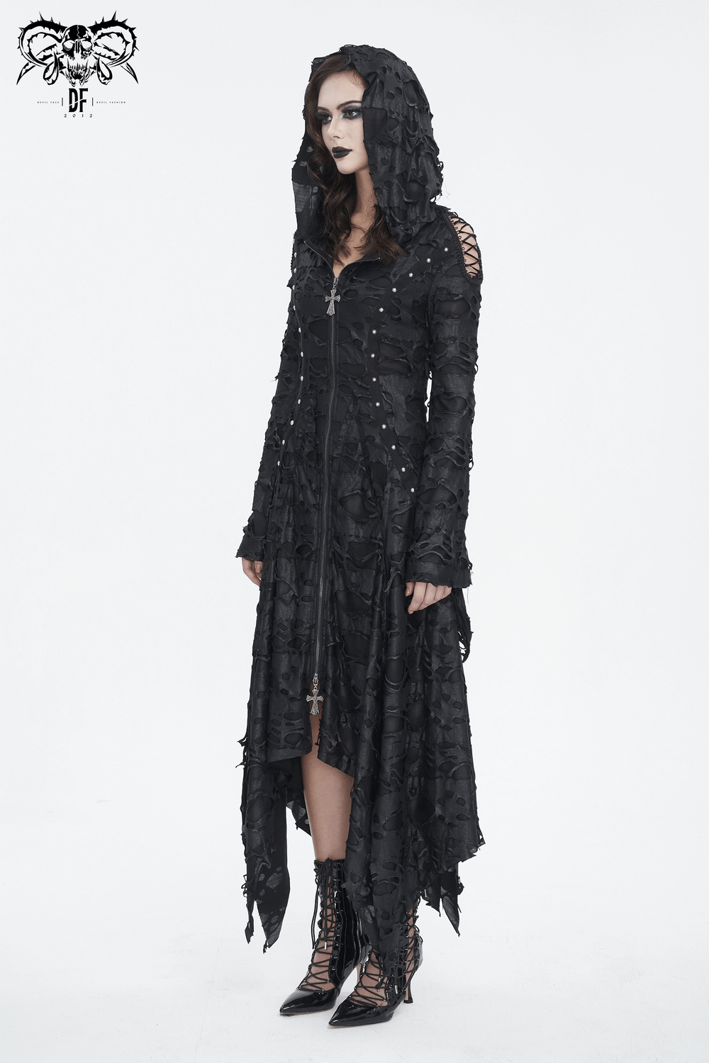 Edgy black distressed hooded trench coat for women with irregular hem and gothic details.
