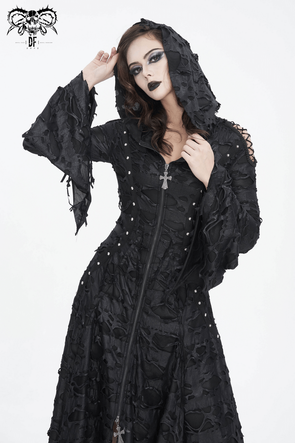Edgy black hooded distressed coat for women with irregular hem, perfect for gothic fashion and dark-themed events.