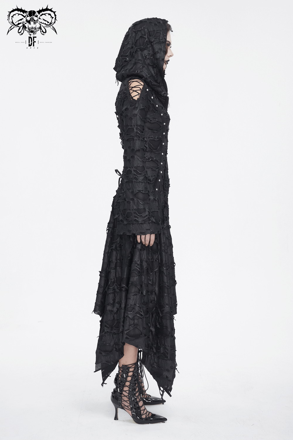 Side view of an edgy black irregular distressed hooded coat for women, featuring a dramatic hem and gothic style.
