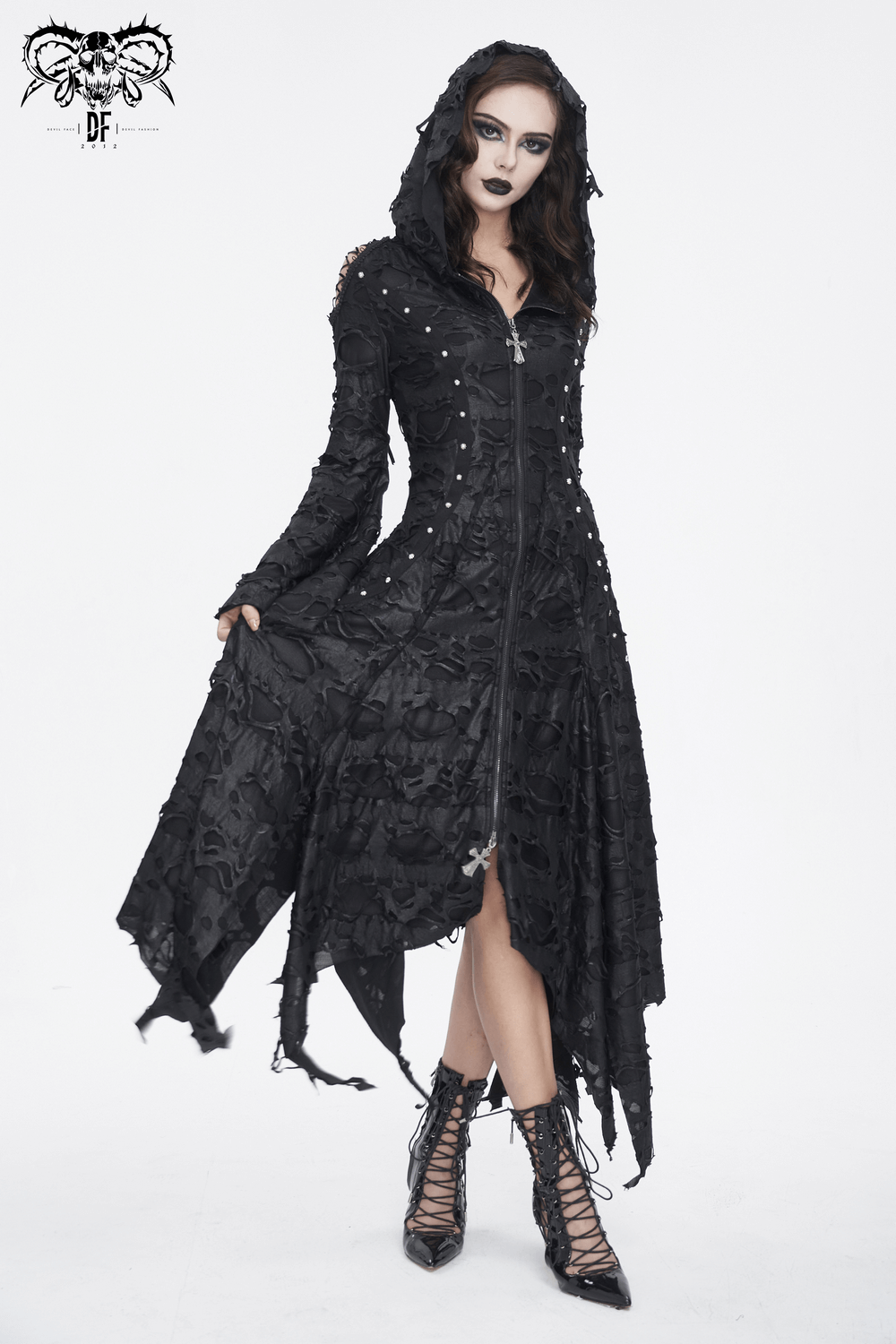 Gothic black hooded coat with distressed design and irregular hem, perfect for edgy fashion lovers.