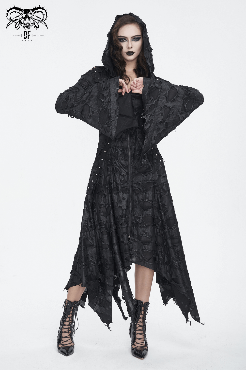 Gothic black hooded distressed trench coat with irregular hem for women, perfect for edgy night-time adventures.