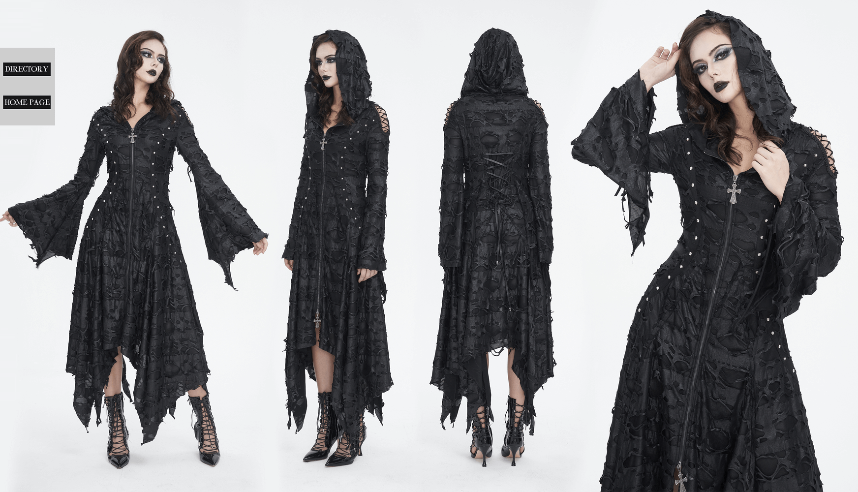 Edgy black hooded distressed trench coat with irregular hem for women in gothic style.