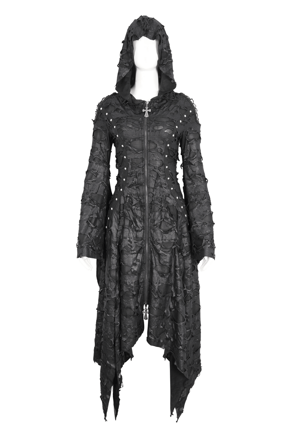 Edgy black irregular distressed hooded coat for women, perfect for gothic fashion and dark-themed events.