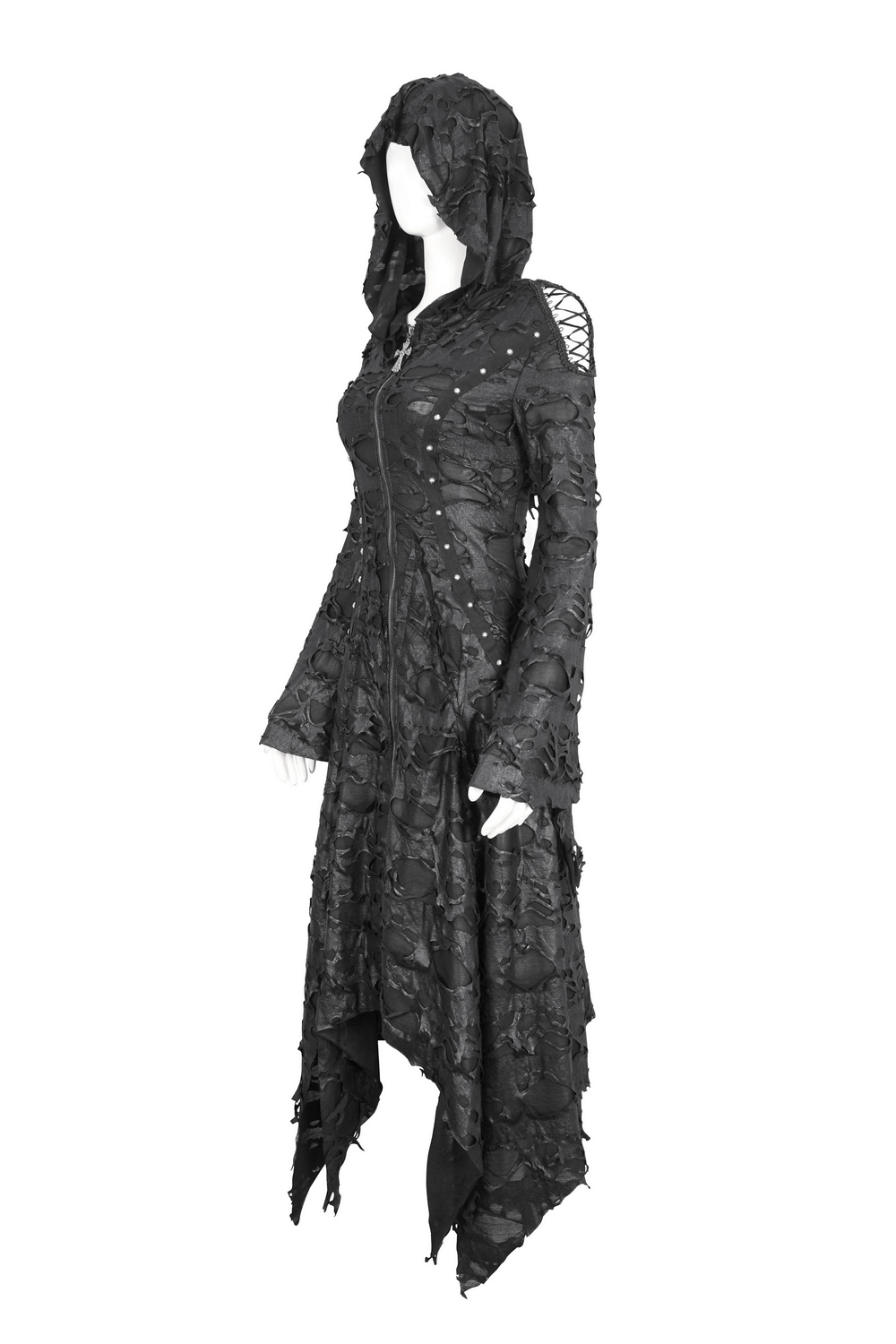 Edgy black irregular distressed hooded trench coat for women, perfect for gothic fashion and night-time adventures.