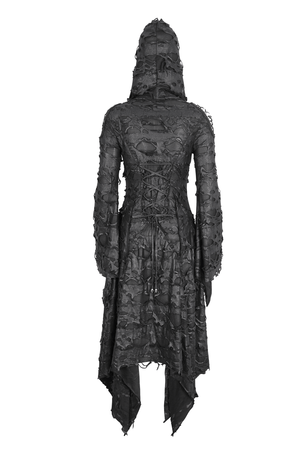 Edgy black hooded distressed trench coat for women with irregular hem, perfect for gothic fashion lovers.