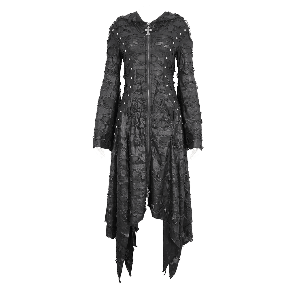 Edgy black hooded distressed trench coat with irregular hem for women, perfect for gothic fashion lovers.