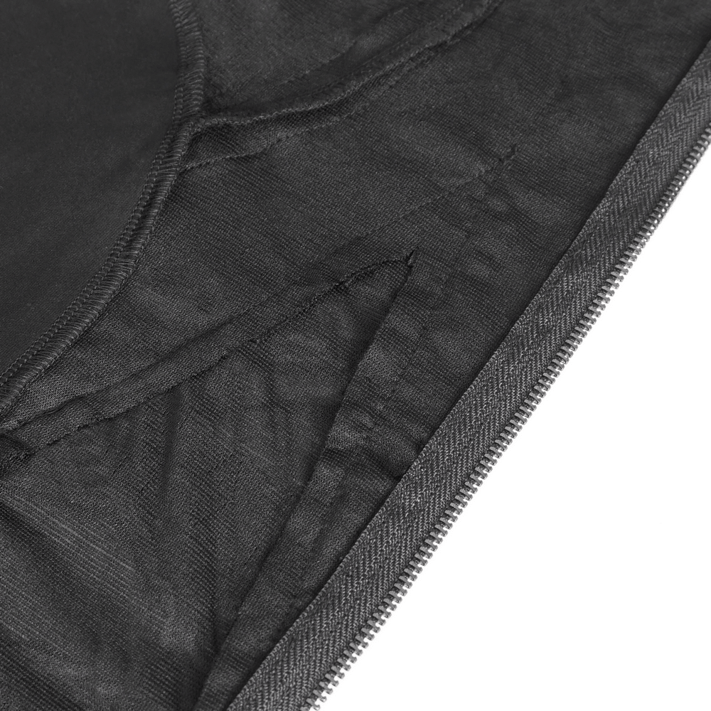 Inside view of a black distressed hooded coat, showcasing the intricate stitching and layered design details.