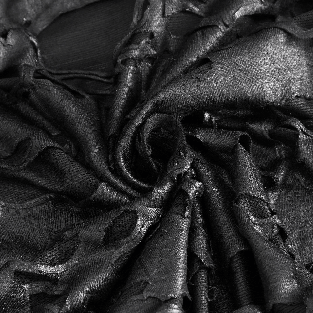 Close-up of distressed black fabric showcasing irregular holes, perfect for gothic fashion designs.