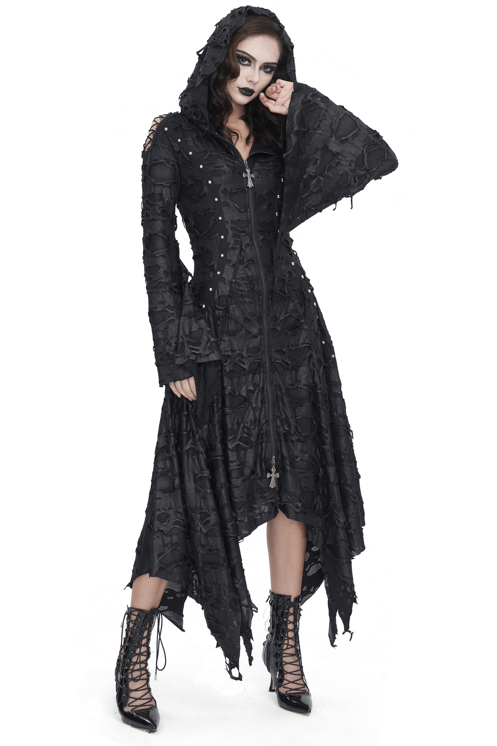 Women’s black hooded distressed trench coat with irregular hem, perfect for gothic fashion and nighttime adventures.