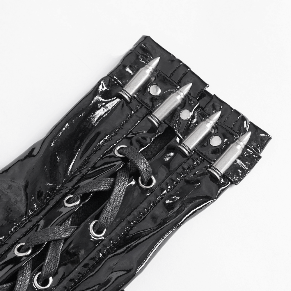 Edgy black lace-up fingerless gloves with silver buckles for a gothic style statement.