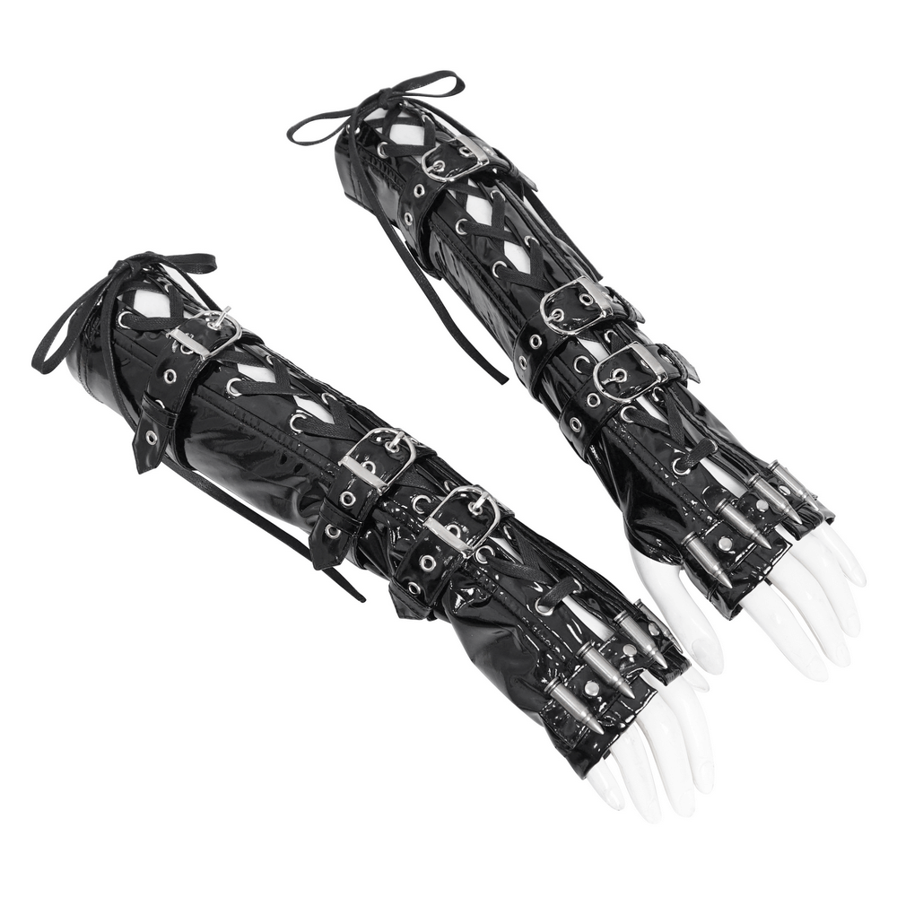 Edgy black lace-up fingerless gloves with buckles, perfect for gothic fashion and concerts.