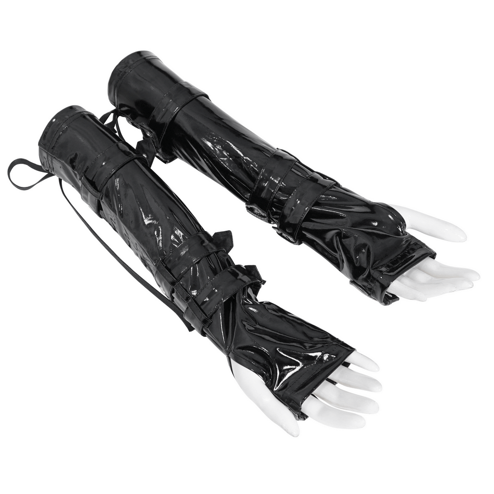 Edgy black lace-up fingerless gloves with buckles for a gothic fashion statement.