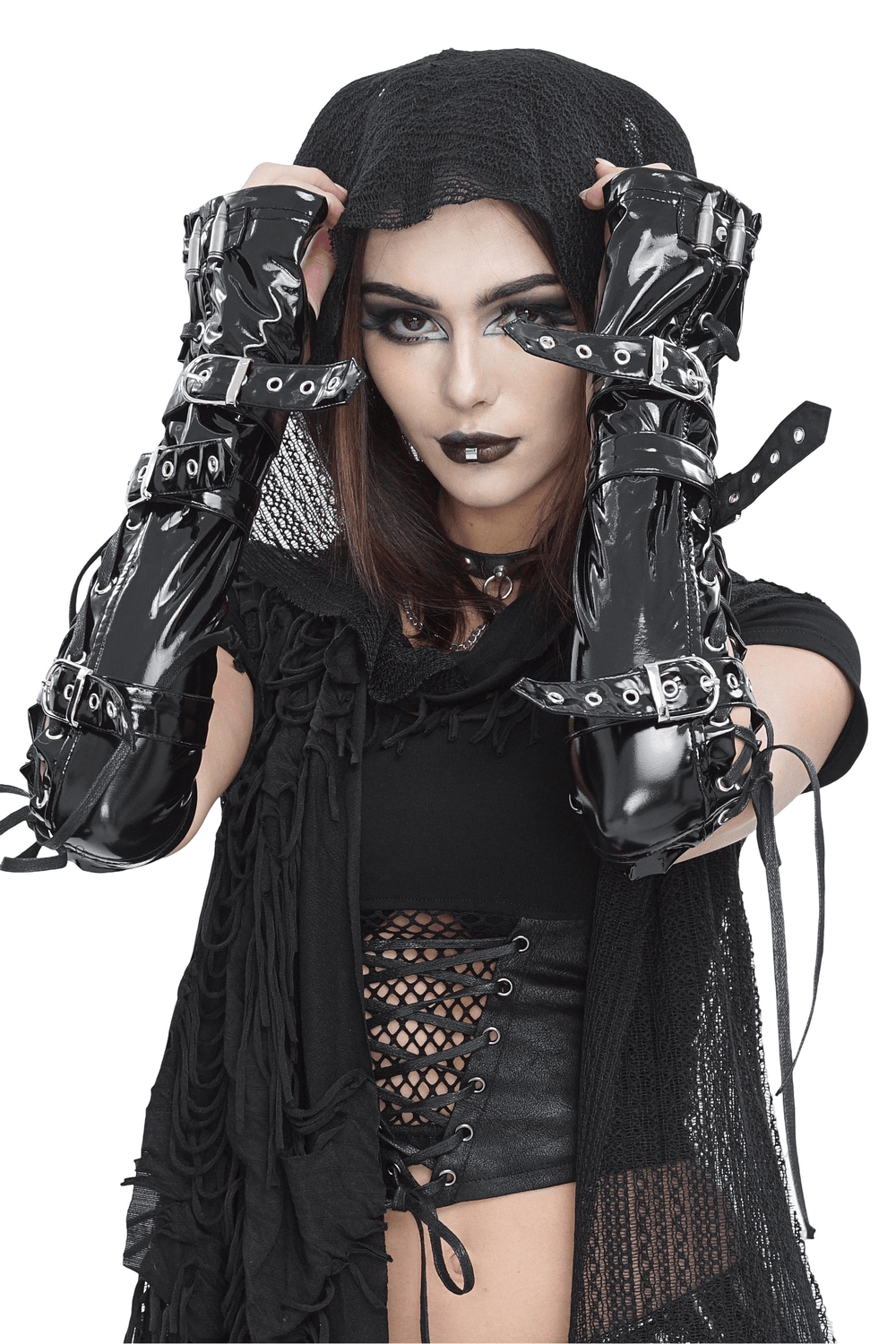 Edgy black lace-up fingerless gloves with buckles, perfect for gothic style and individuality.