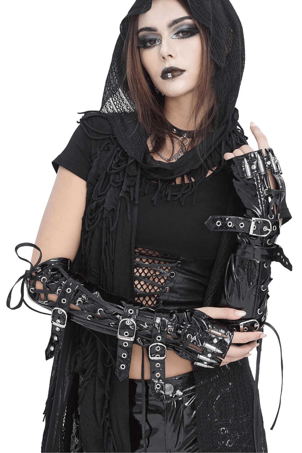 Gothic black lace-up fingerless gloves with buckles showcased on a model, perfect for edgy fashion and individuality.