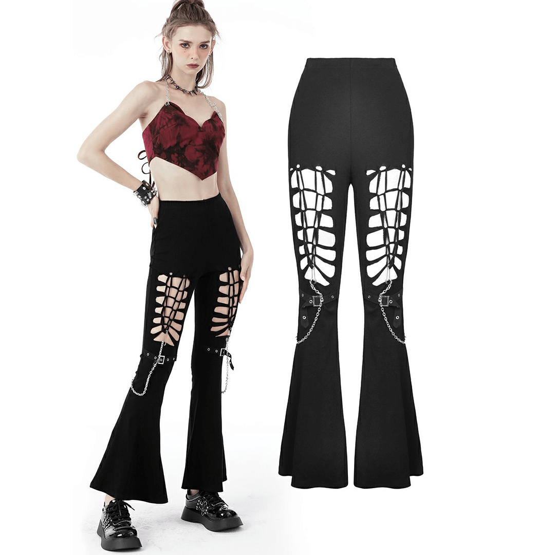 Edgy Black Lace-Up Flare Pants with Chain Detail