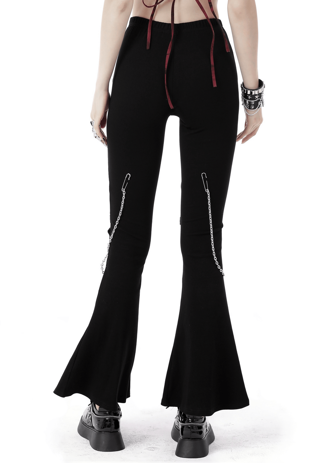 Edgy Black Lace-Up Flare Pants with Chain Detail