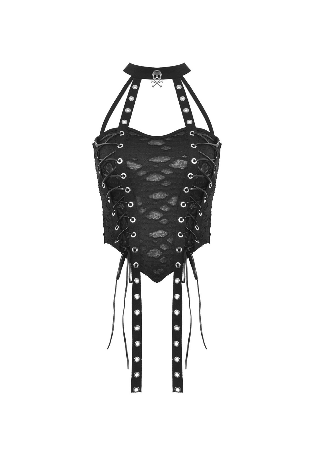 Edgy black lace-up halter top with studded details, perfect for alternative gothic fashion.
