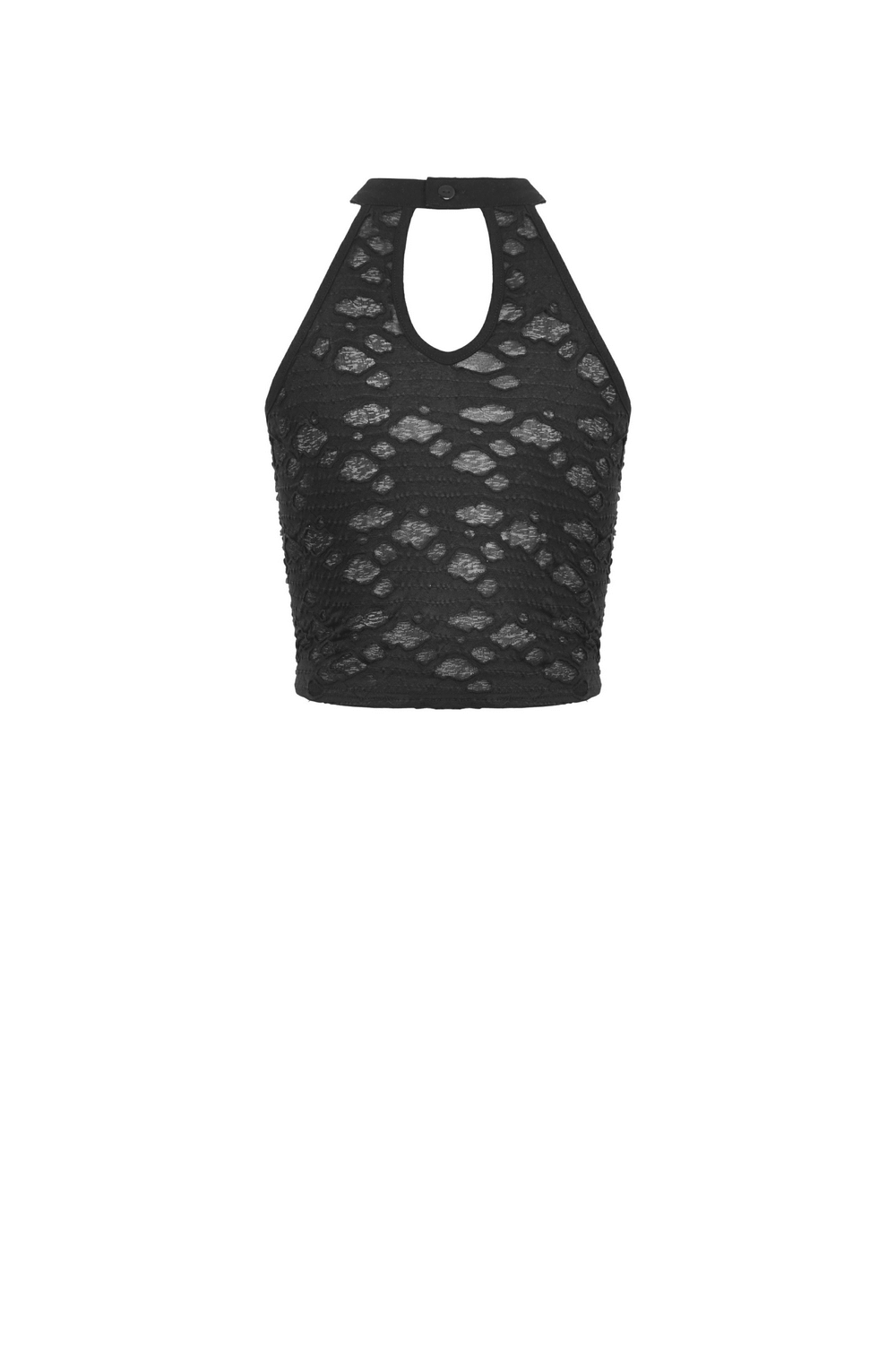 Edgy black lace-up halter top with studded details, perfect for gothic-inspired alternative fashion.