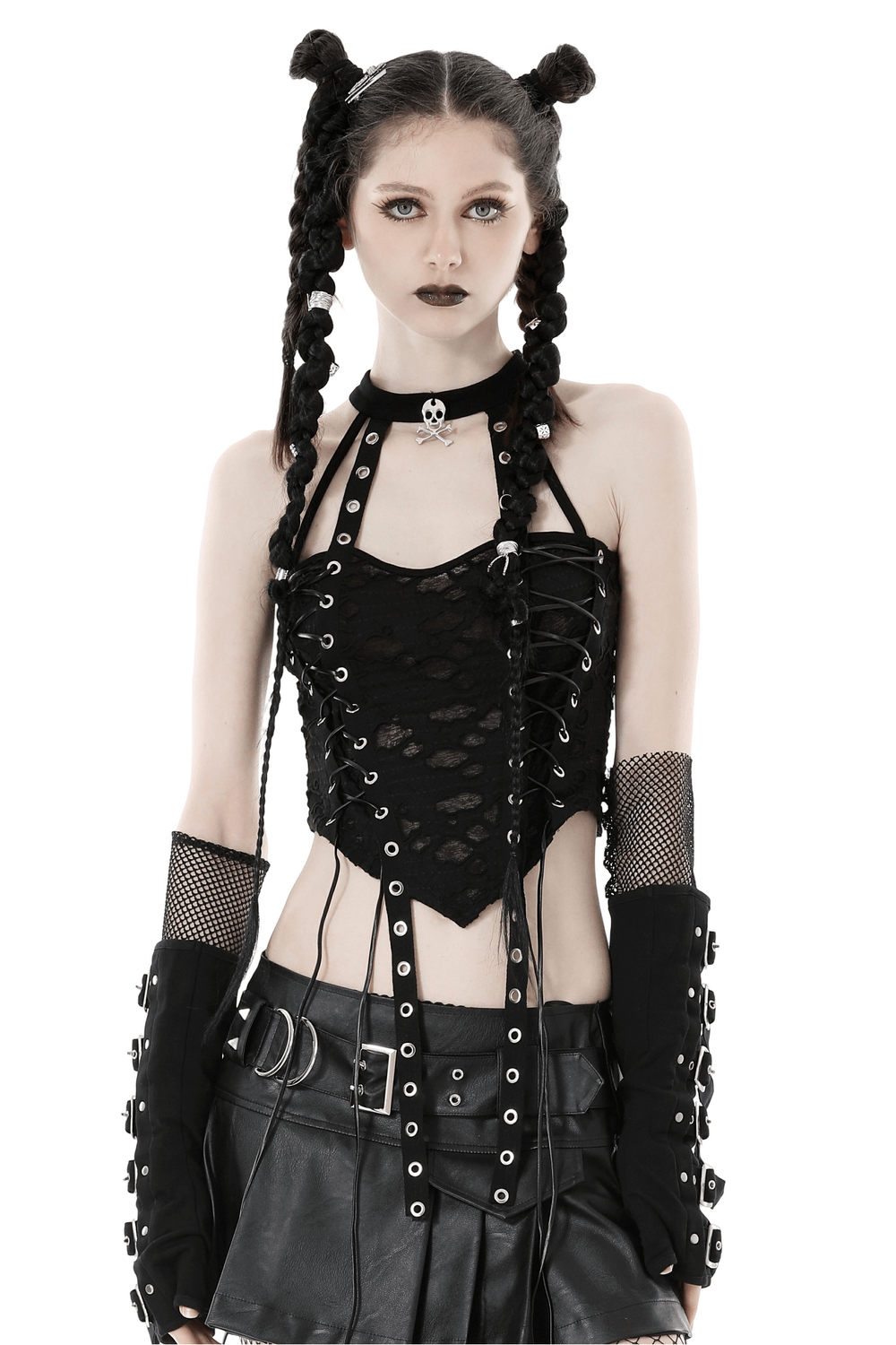 Edgy Black Lace-Up Halter Top With Studded Details