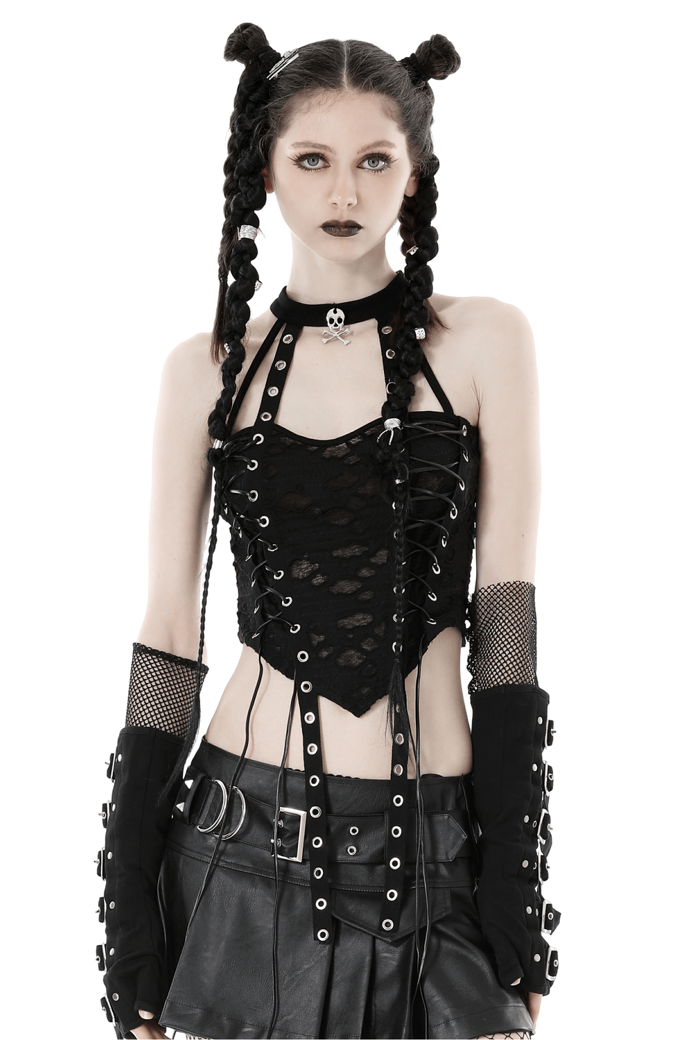 Edgy black lace-up halter top with studded details, perfect for gothic-inspired alternative fashion.
