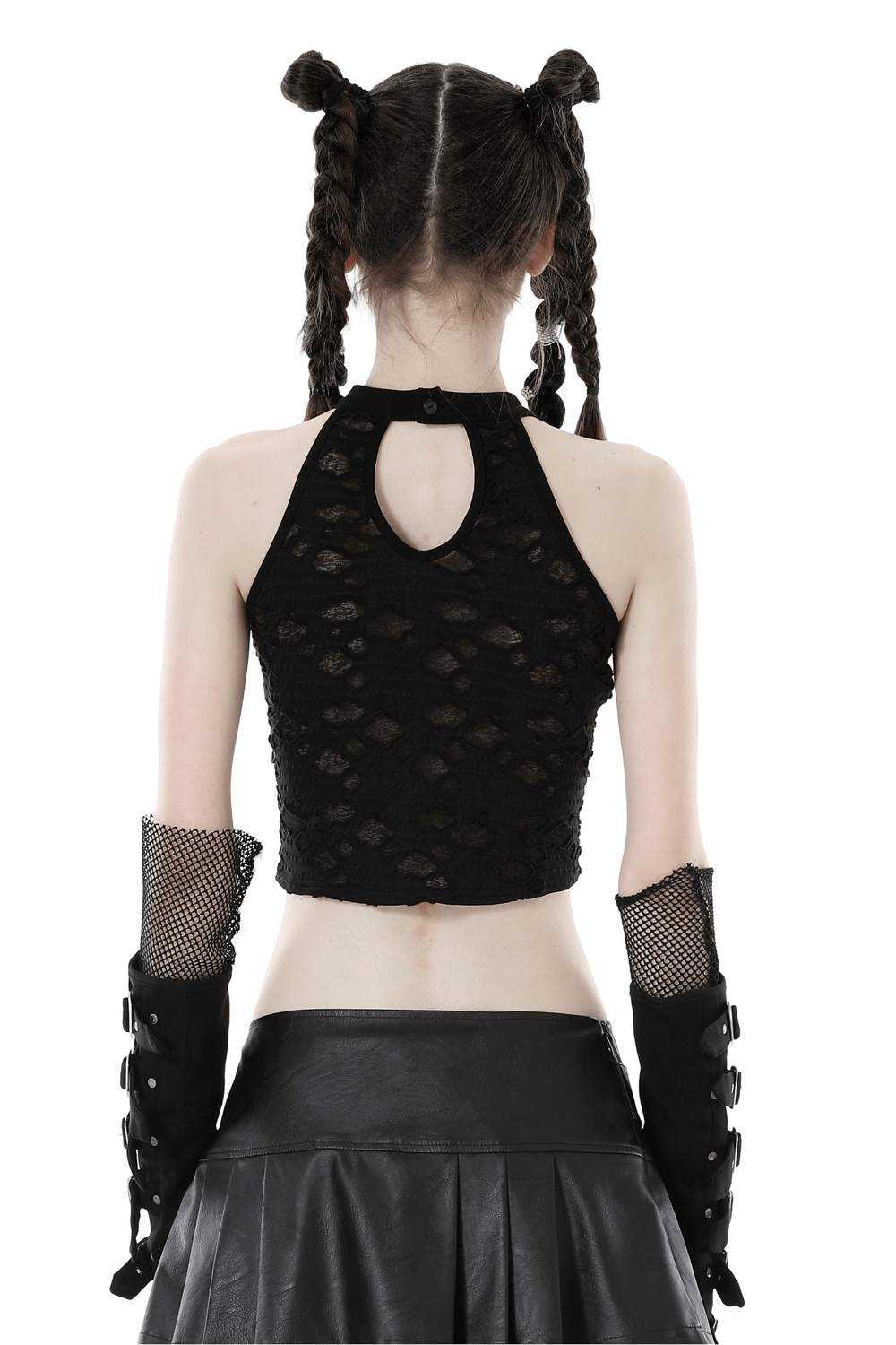 Back view of edgy black lace-up halter top with studded details, showcasing gothic style and strappy design.
