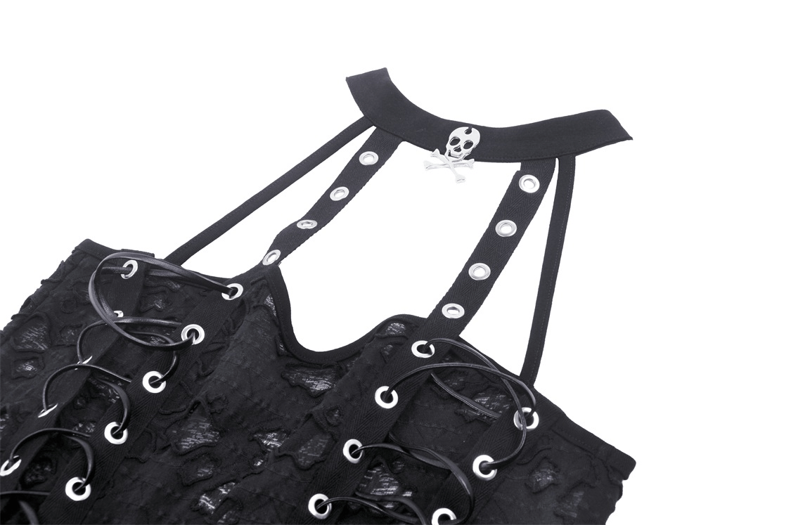 Edgy black lace-up halter top with strappy details and skull accent, perfect for gothic alternative fashion.