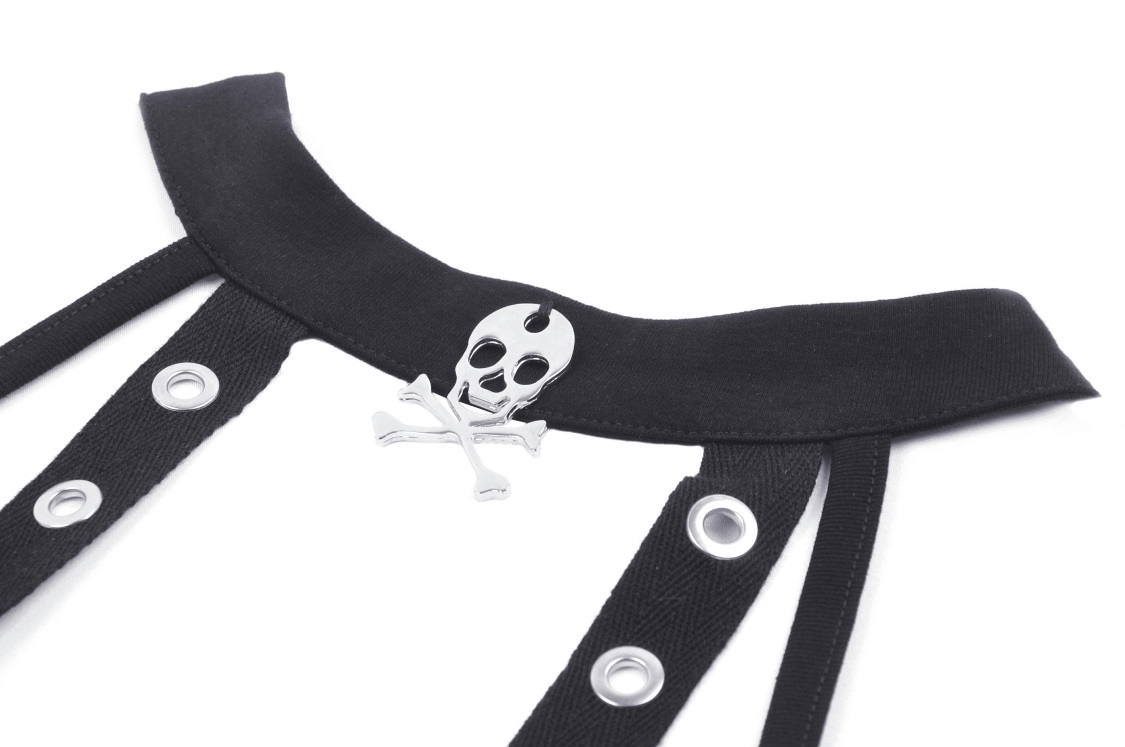 Close-up of edgy black halter top featuring a skull and crossbones design for gothic-inspired fashion.