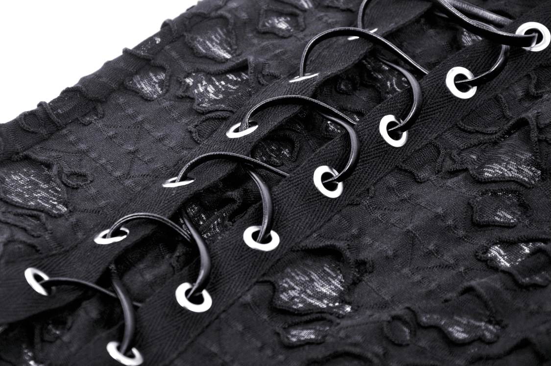 Close-up of edgy black lace-up halter top with studded details, showcasing gothic-inspired strappy design.